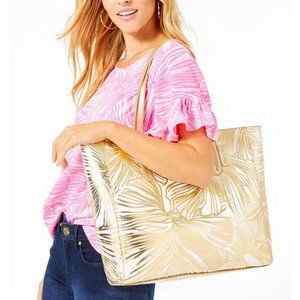 NWT Lilly Pulitzer Surrey Reversible Tote Gold Metallic Fronds Place Shopper Bag